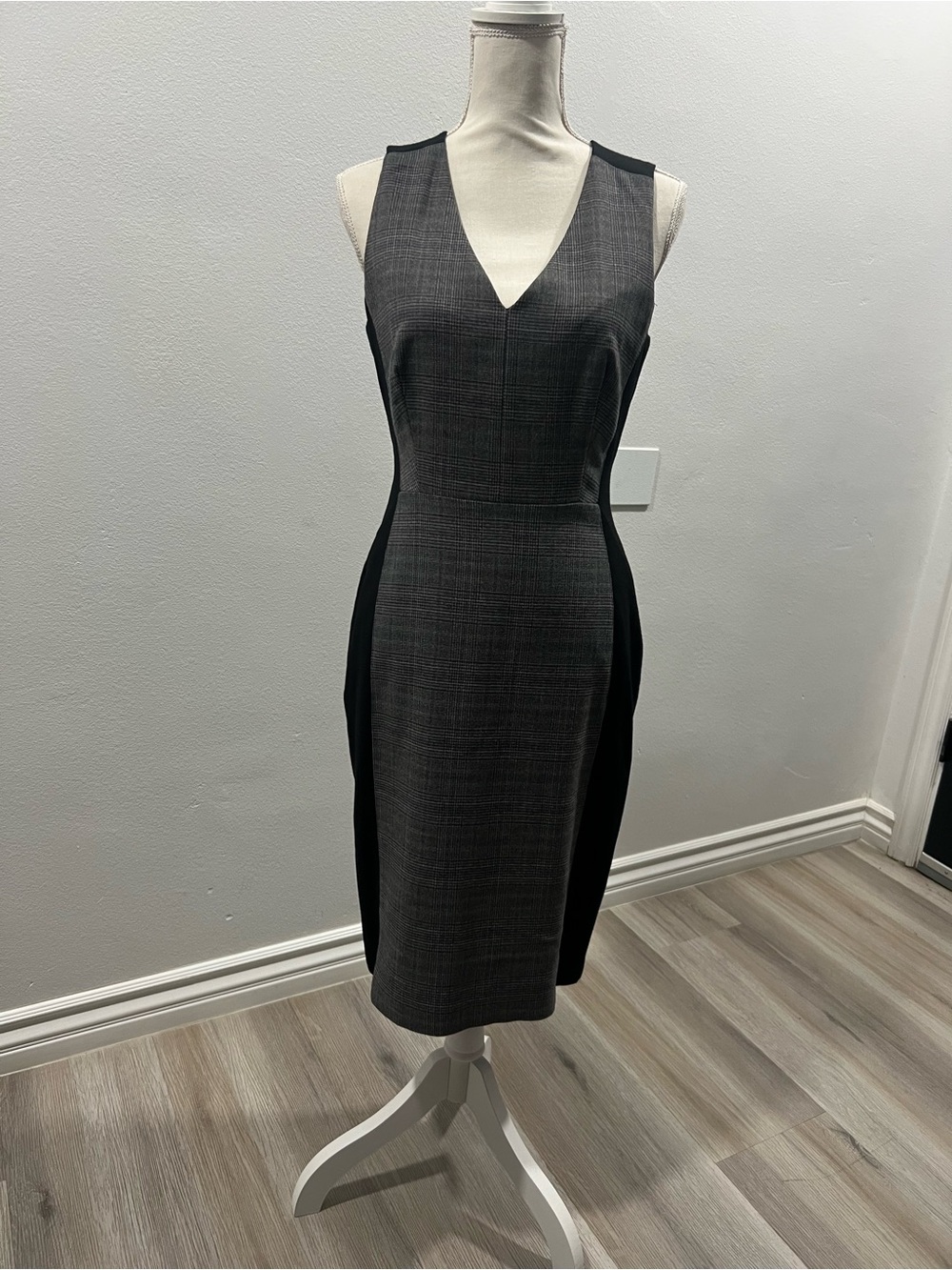 White House Black Market Gray Plaid Midi Sheath Dress with Black Panels